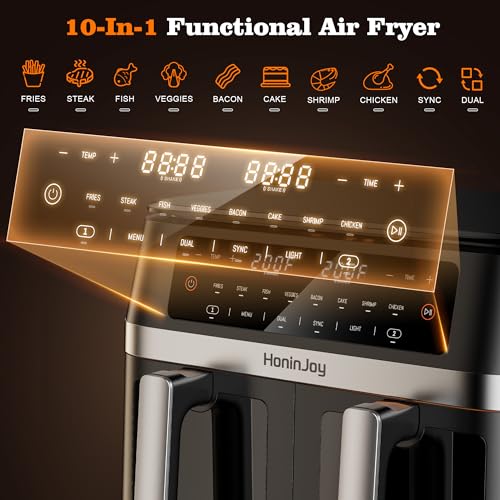 HoninJoy 12QT Large Dual Basket Air Fryer with Viewing Window and 50pcs Paper Liners, 10-in-1 Digital Touchscreen Double Zone Air Fryers, SyncCook to Bake,Roast,Reheat,Broil, Nonstick Dishwasher Safe