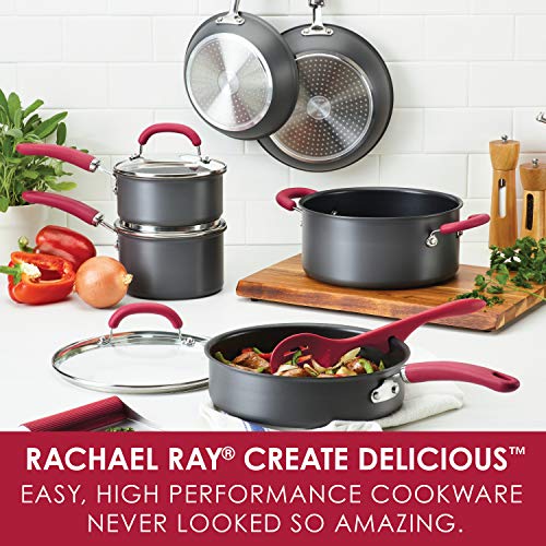 Rachael Ray Create Delicious Hard Anodized Nonstick Cookware Pots and Pans Set, 11 Piece, Red Handles
