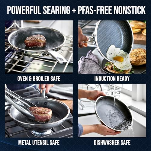 Blue Diamond Hybrid Nonstick Stainless Steel 8” & 10” Frying Pan Skillet Set, PFAS-Free Ceramic Diamond Bond Searing, Egg & Omelet Pan, Dishwasher Safe, Stay-Cool Handle, Induction Ready, All Cooktops