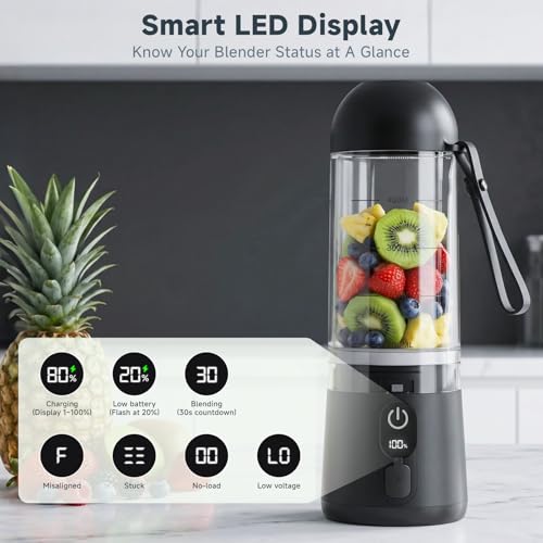 TOMUOO Portable Blender, 8 Blades Personal Size Smoothie Blender for Shakes, USB C Rechargeable Juicer Cup with LED Display, Travel Friendly Mini Mixer for Home, Office, Gym, 17oz, Black
