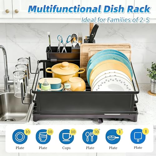 Simple Trending Dish Drying Rack, Space-Saving Large Dish Rack for Kitchen Counter, Anti-Rust Dish Drainer with Cutlery & Cup Holders, Black