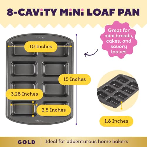 Wilton Gold Non-Stick Bakeware Mini Loaf - Baking Pan for Mini Banana Breads, Cakes & More - Made Without PFAS - Offers Even Heat Distribution & Hassle-Free Cleaning - 15 x 10 x 1.6 Inch, 8 Cavity