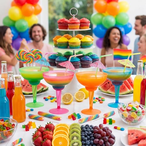 Honeydak 86 Pcs Plastic Margarita Glasses with Cocktail Straws, 36 Pcs 12 oz Disposable Margarita Glass Cups, 50 Pack Straws for Cocktails Summer Party Tropical Beverages, Multicolor(Hawaiian)