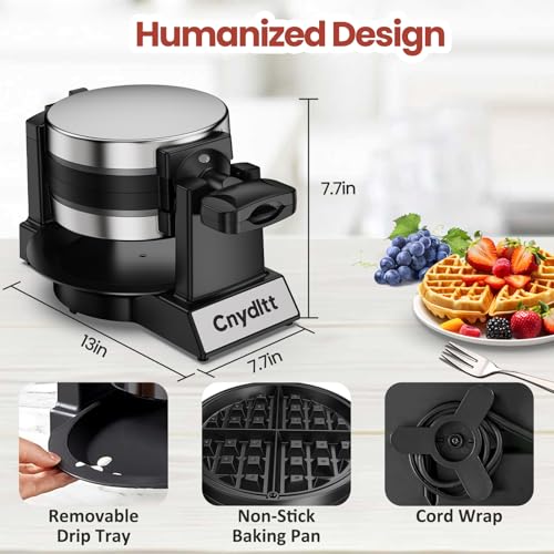 Cnydltt Double Waffle Maker - 1400W Rotating Belgian Waffle Iron, Cooks 2 at Once (8 Slices), 180° Flip Nonstick Plates, Smart Temp Control, Removable Drip Tray, Locking Lid, Stainless, Black