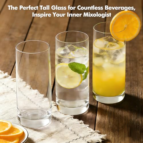GLAZVIA Highball Glasses Set of 6,13oz Clear Drinking Glass Cups for Mixed Drink Cocktail, Beer, Mojito, Water and Juice, Thick Tall Crystal Glassware for Kitchen, Restaurant, Home Bar and Parties