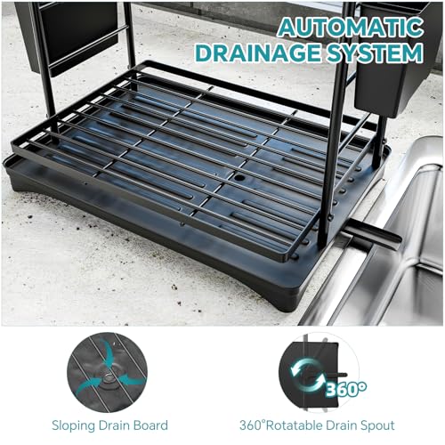 Simple Trending Dish Rack, Dish Drying Rack 2 Tier, Stainless Steel Dish Drainers with Utensil Holder and Drainboard for Kitchen Sink Organizers, 12" w x 16.6" L, Black