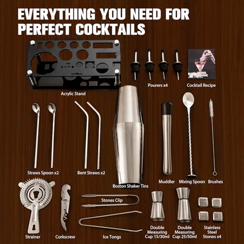 KINGROW Cocktail Shaker Set Bartender Kit, Stainless Steel Boston Bar Tools Drink Mixer Set with Stand & Recipe Booklet for Home Cocktail Making | Silver