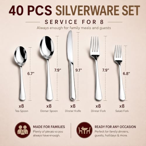KIKCOIN 40 Pack Silverware Set for 8, Food-Grade Stainless Steel Flatware Set, Heavy Duty Mirror Polished Cutlery Utensils Set with Knives Spoons and Forks Set for Home Kitchen Restaurant Wedding