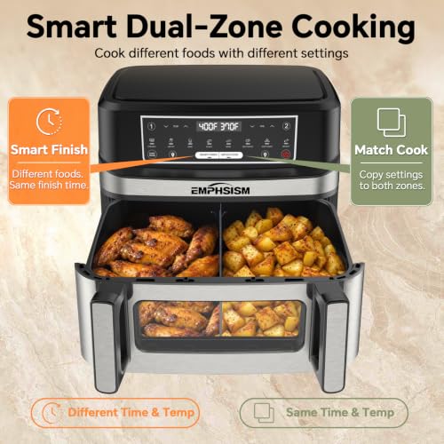 Emphsism 12QT Large Dual Zone Air Fryer with Divider, Match Cook & Smart Finish, Air Fry/Roast/Bake/Toast/Dehydrate/Reheat/Keep Warm/Preheat, Nonstick Dishwasher-Safe Basket, Digital Touchscreen