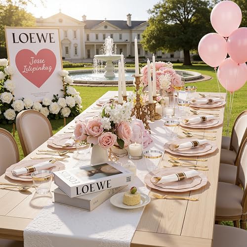 Liacere 350PCS Pink Plates Disposable-PinK Plates 50guest Baroque Plastic Dinnerware include 100Plates, 50Pack Pre Rolled Napkins with Silverware 50Cups Perfect for Wedding & Party & Baby shower