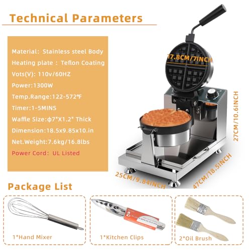 Hehinton® 110V 1300W Commercial Belgian Waffle Maker, 180 Degree Rotatable Waffle Baker Machine with 122-572℉ Temp Control, 0-5min Timer, φ7"X1.2" Thick Non-Stick Dough/Batter Round Waffle Maker