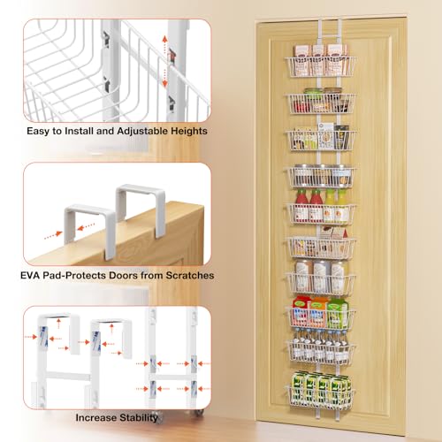 Hocookeper 10 Tier Over the Door Pantry Organizer, Over the Door Spice Rack with Adjustable Baskets, Metal Hanging Door Pantry Organizers and Storage for Kitchen Bathroom Bedroom, White