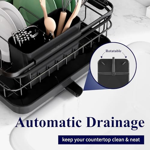 Kitsure Dish Drying Rack for Kitchen Counter, 12.2''W x 15.7''~23''L, Black