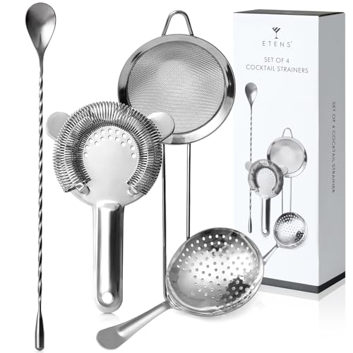 Etens Cocktail Strainer Set – Bar tools Stainless Steel Includes Hawthorne Strainer, Julep & Fine Mesh Cocktail Strainers, Mixing Spoon – Drink Shaker Strainer for Bartending