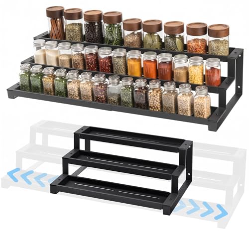 3-Tier Spice Rack Organizer for Kitchen Cabinet or Pantry, 16"-29" Expandable Spice Organization Shelf, Seasoning Organizer, Metal Display Shelf, Slip-Resistant Design for Jars and Bottles, Black