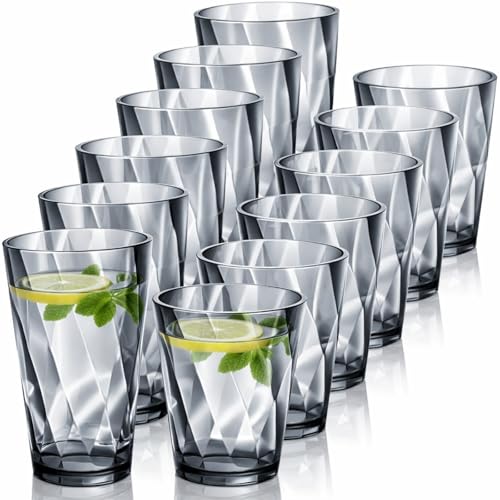 LemonRoad 12 Pack Reusable Plastic Drinking Glasses Set - 20oz & 13.5oz Stackable Tumbler, Shatter-resistant Highball Cups for Water, Cocktail, Iced Coffee, Indoor Outdoor Use, BBQ, Patio, Pool (Grey)