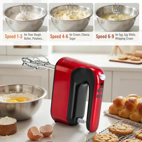 CBQ Hand Mixer Electric, 9 Speed 400W Handheld Mixer with Digital, Touch Button, Turbo, Snop-On Storage Case, 5 Stainless Steel Accessories, Hand Mixer Electric Handheld for Cake, Cookie, Egg (Red)
