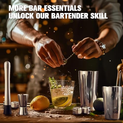 KINGROW Cocktail Shaker Set Bartender Kit, Stainless Steel Boston Bar Tools Drink Mixer Set with Stand & Recipe Booklet for Home Cocktail Making | Silver
