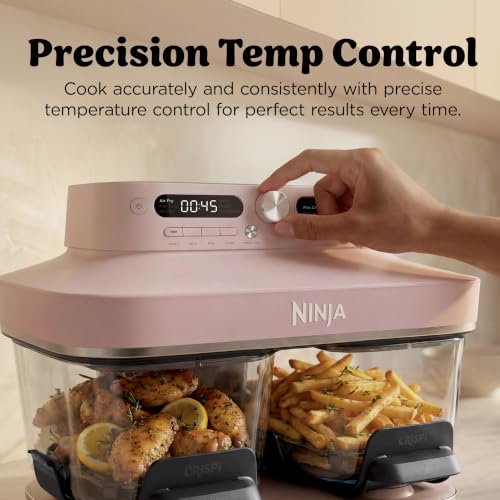 Ninja Crispi DualZone 6-in-1 Glass Air Fryer | With Nontoxic, 2x 4qt Containers & Lids | Microwave, Freezer, Dishwasher Safe | 450°F Max Temp | 1785 Watt | Rose Quartz | DD101PK1