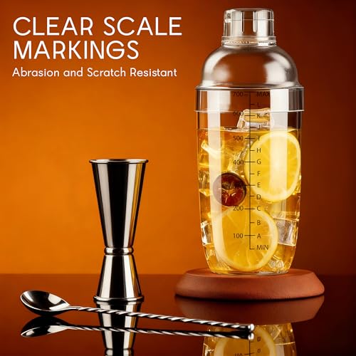 BETTFOR Plastic Cocktail Shaker with Measuring Scale 24oz (700ml), Leak-Proof & Shatter-Resistant Drink Mixer for Bartending, Protein Shakes, Iced Coffee & Milk Tea
