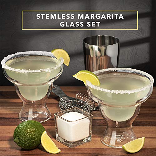 Dragon Glassware Margarita Glasses - 12 oz Clear Double Wall Stemless Margarita Glasses Set of 2 - Insulated Barware Set to Keep Beverages Hot or Cold Longer