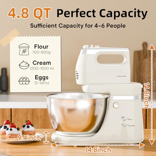 Vikaluz 4.8QT 2-in-1 Stand Mixer, Electric Kitchen Mixer with Auto-Rotating Bowl & Tilt-Head, 5-Speed 250W Turbo Baking Machine for Beginners with Beater & Dough Hook for Cookie, Bread, Cake (White)
