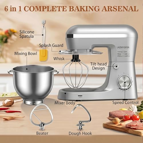 LAZMOQUSA 6in1 Stand Mixer with 6.5 Quart Bowl, 660W 10+p Speeds Kitchen Food Mixer Tilt-Head Bread Dough and Cake Mixers for Home Daily (Sliver)