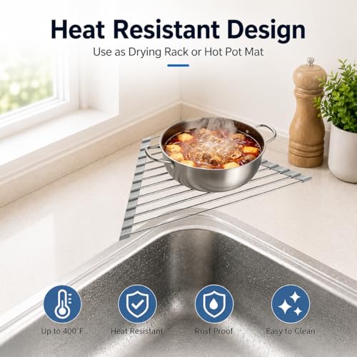ERIUZB Triangle Roll Up Dish Drying Rack Over Sink, Silicone Wrapped Anti Slip Sink Organizer, Rust Proof Corner Dish Rack, Foldable Heat Resistant Kitchen Sink Organizer for Small Kitchens