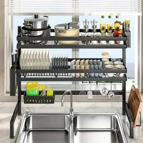 LeVcoecam 3-Tier Over Sink Dish Draining Rack Adjustable Width and Height with Phone Holder Cup Holder, Knife and Chopstick Holder, Cutting Board Rack, Space-Saving Rack