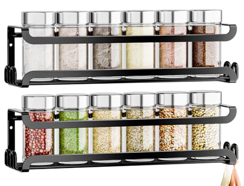LUCYCAZ 2 Pack Wall Mounted Spice Rack with 8 Hooks, Spice Organizer Shelf for Stove Cabinet Pantry Door,Screw or Adhesive Spice Shelf Hanging Wall Spice Rack in Kitchen and RV (Black, 2 PACK)
