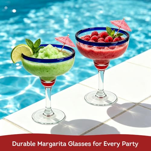 Lily's Home Unbreakable Margarita Glasses - 14 oz Shatterproof Plastic Set of 4 with Cobalt Blue Rims, Reusable Crystal Clear Stemware for Martini, Frozen Drinks, Pina Coladas & Cocktails