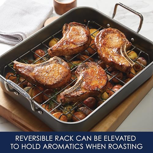 Rachael Ray Roasting Pan with Reversible Rack, Turkey Roasting Pan, Nonstick, 16.5-Inch x 13.5-Inch