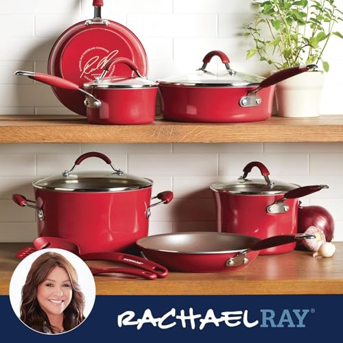 Rachael Ray Cucina Nonstick Cookware, Cranberry Red Pots and Pans Set, 12-Piece