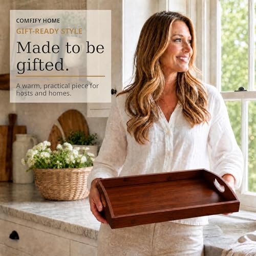 Comfify Dark Brown Bamboo Serving Trays Set of 3 – Nesting Ottoman Trays