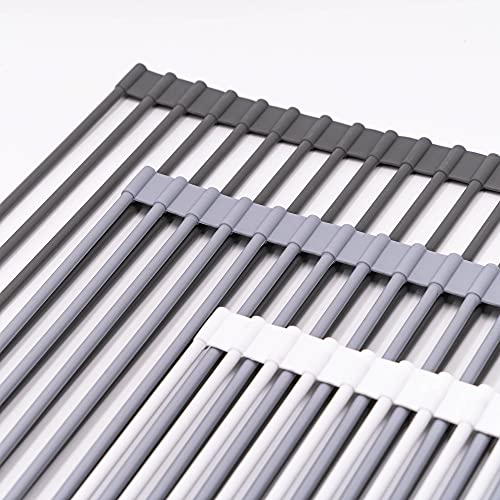 Bigdata&BetterLife Multi Purpose Roll Up Dish Drying Rack White Dish Drying Mat with Rack for Kitchen,Heavy Duty Foldable Silicone-Coated Stainless Steel Sink Dry Rack (White,20.5" x 13.1")
