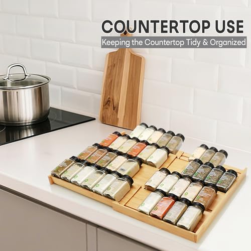 Bamboo Spice Drawer Organizer, (Need 3.1” Deep Drawer) Expandable 4 Tier Spice Rack for Cabinet (From 12" to 23" Wide), Seasoning Storage Insert, Spice Organizer for Drawer,Jars Not Included