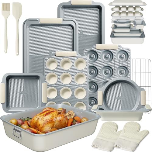 Kikcoin 25 PCS Stackable Baking Pans Set, Non-stick Bakeware Sets with Silicone Handles, 450°F Oven Safe Cookie Sheets for Baking, Easy Release Heavy-duty Baking Sheets Non Stick, Cream
