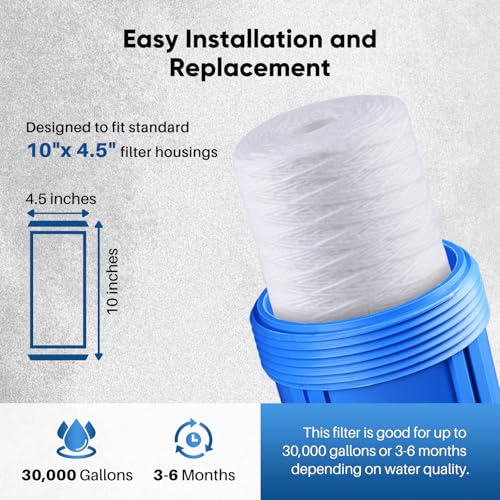 PUREPLUS 5 Micron 10 x 4.5 Whole House String Wound Sediment Filter for Well Water, Replacement Cartridge for 84637, WPX5BB97P, PC10, 355214-45, 355215-45, WP10BB97P, WP5BB97P, 2Pack