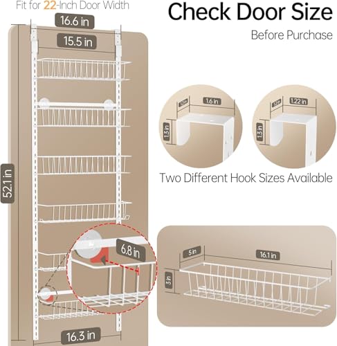 Delamu Adjustable Cabinet Door Organizer, 6-Tier Hanging Spice Rack Organizer, Metal Over the Door Pantry Organizer, Pantry Organizers and Storage Shelves for Kitchen Bathroom Laundry Room, White M