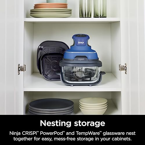 Ninja Crispi 5-in-1 Portable Glass Air Fryer Cooking System, 1500W, 6-Cup, 4-Quart & 2.5-Quart TempWare Containers With Lids, Microwave, Freezer & Dishwasher Safe, Blue, FN103CO