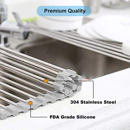 Over the Sink Dish Drying Rack, Searik Roll up Sink Dish Drainer Rack Foldable Kitchen Stainless Steel Dish Rack Sink Drying Rack (17.7” x 11.8”)
