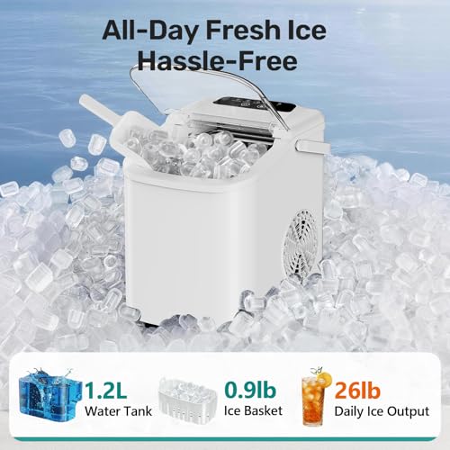 OLIXIS Countertop Ice Maker with Self-Cleaning, Portable Ice Maker Machine with Scoop, 26Lbs/24H, 9 Cubes in 6 Mins, 2 Sizes of Bullet for Home, Kitchen, Office, White