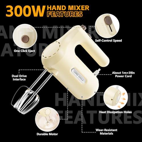 Lord Eagle 5-Speed Small Hand Mixer Electric, 300W Compact Portable, Cream
