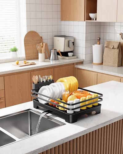 Kitsure Dish Drying Rack - Multi-Functional Dish Rack for Kitchen Counter with Cutlery Holder, Rust-Proof Storage Solution with Rotatable, 15.7" x 12.0" x 5.5", Black