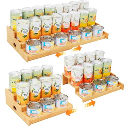 Evernewly Expandable Can Rack Organizer for Pantry, 3 Tier Bamboo Adjustable Can Storage Holder, Soda Organizer Holds Up to 24 Cans, Canned goods Storage Display Shelf for Kitchen,Countertop, Cabinet