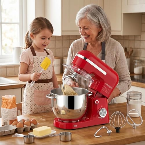 LAZMOQUSA 6in1 Stand Mixer with 6.5 Quart Bowl, 660W 10+p Speeds Kitchen Food Mixer Tilt-Head Bread Dough and Cake Mixers for Home Daily Use (Red)
