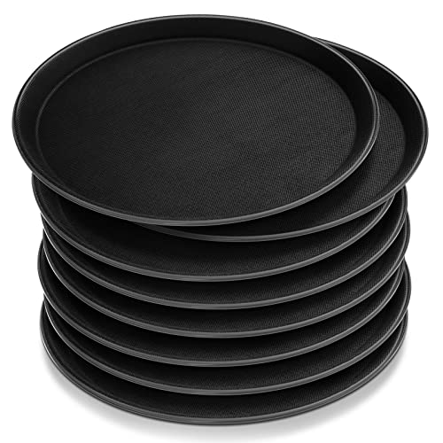 Zopeal 8 Pieces Black Round Restaurant Serving Tray, Plastic Non Slip Surface Food Meals Server Tray with Raised Edges for Home, Kitchen, Restaurant, Cafeteria, Bar (11")