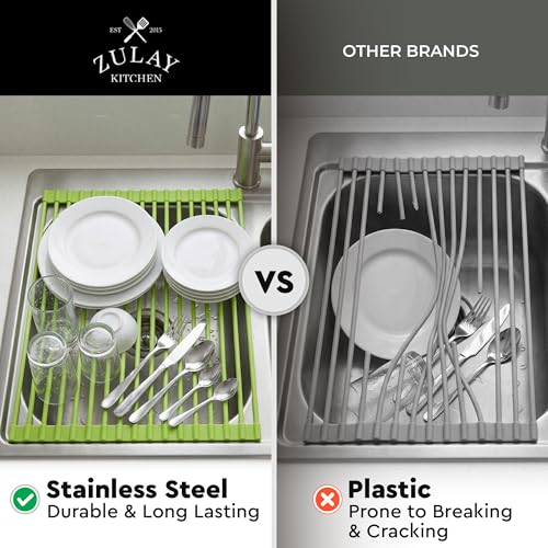 Zulay Kitchen Large Roll Up Dish Drying Rack - Heavy Duty Silicone Wrapped Steel Rods Over Sink Dish Drying Rack - Versatile Roll Up Sink Drying Rack & Trivet - Green,20.5 inches x 13 inches