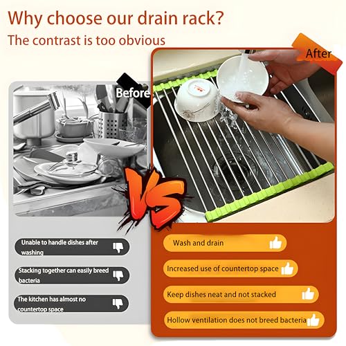 JAYWAYNE Roll Up Dish Drying Rack, Heavy Duty Stainless Steel Over The Sink Drainer, Foldable Space Saver with Heat Resistant Trivet Mat, 17.5 x 14 Inch