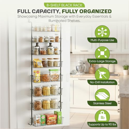 HOKOSFOKOS Over Door Organizer Storage - 8 Tier Black Metal Over the Door Pantry Organizer Heavy Duty Hanging Storage Rack, Behind Cabinet Shelves for Home, Kitchen, Bathroom, Closet, Pantry.